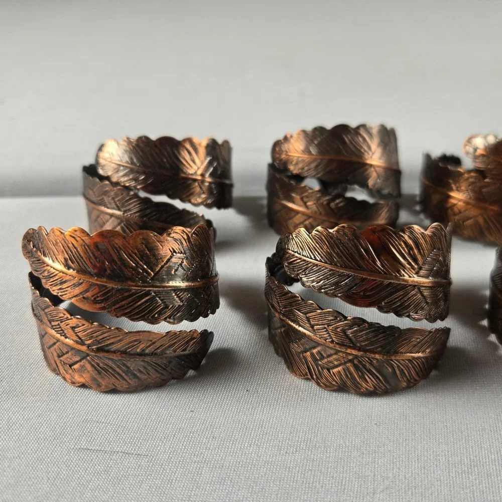 Vintage Set of 6 Copper Tone Feather Napkin Rings Metal Rustic Thanksgiving Boho